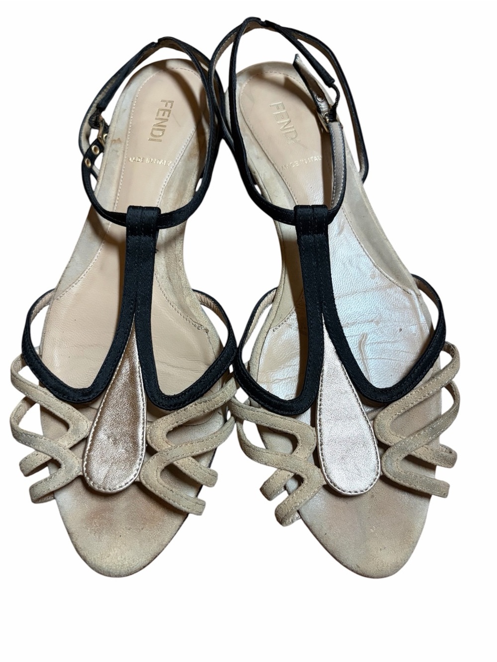 Fendi Black and Beige Leather T-Strap Slingback Sandals